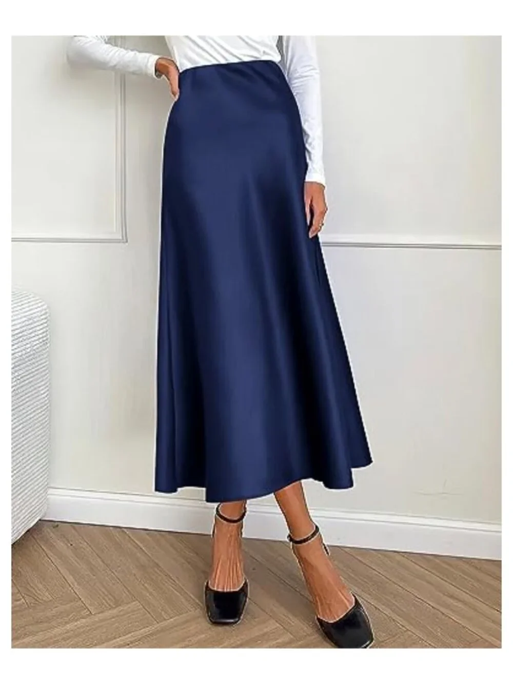 Flowy Satin A-Line Midi Skirt High Waist Elastic Ruffle Hem
